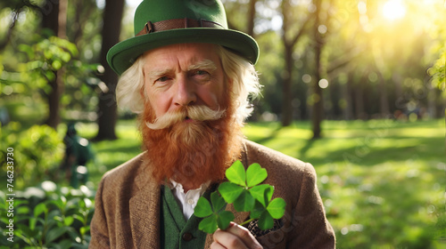 Old man with St. Patrick's Hat on park background