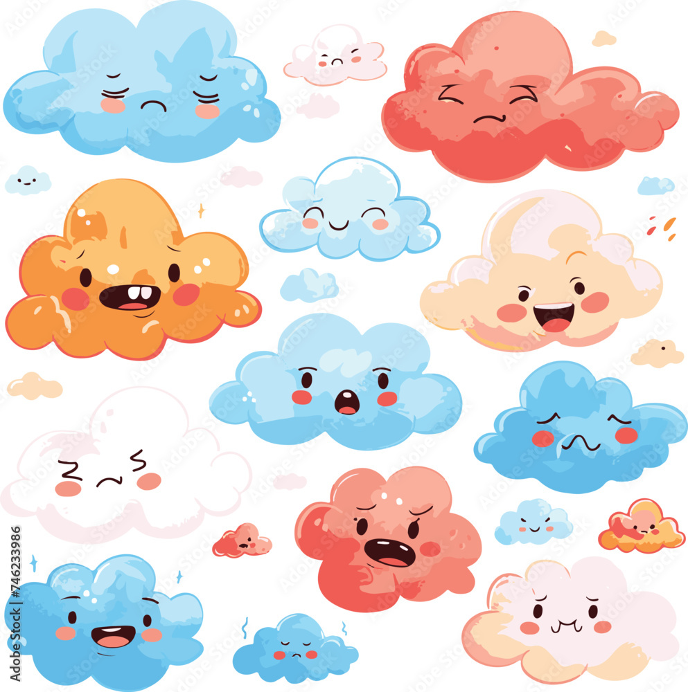A group of clouds with various expressions and colors A group of clouds with various expressions and colors