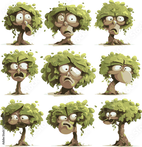 group set of vector illustrations of trees with various facial expressions