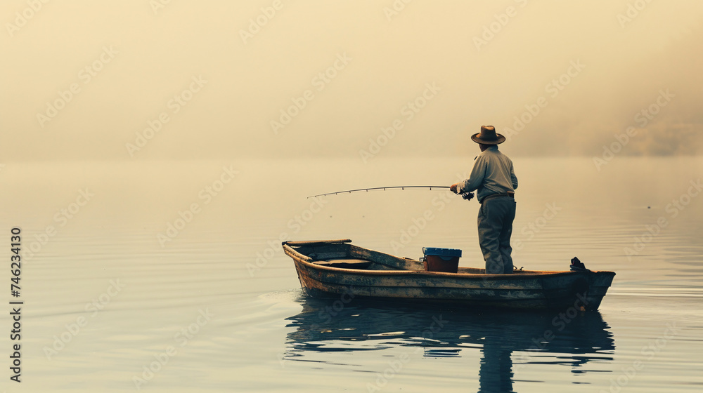 Serene Morning Fishing: A Lone Angler Enjoys the Peaceful Dawn on a Misty Lake - Perfect for Wilderness Fishing Experience and Tranquil Scenes