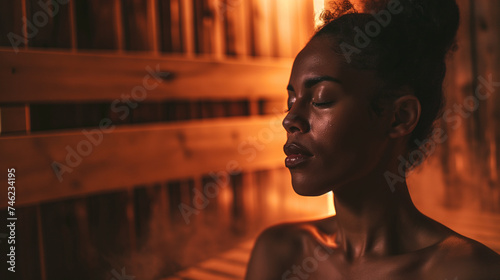 Young black woman relaxing in a wooden sauna
