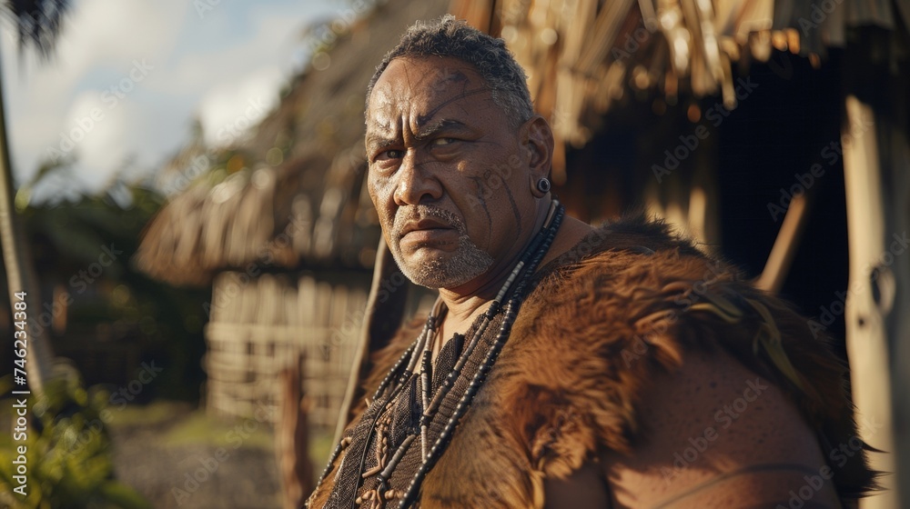 A Maori warrior stands guard at the entrance of his village his presence alone enough to deter any potential threats.