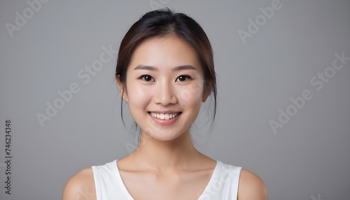Portrait of a Cheerful Asian young woman, girl. close-up. smiling. clean background. Healthy skin. Studio.