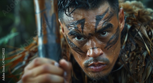 A Maori warrior brandishes a patu a wooden club used in handtohand combat as he prepares to defend his tribe. photo