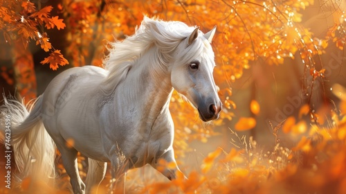 Portrait of beautiful white horse in autumn