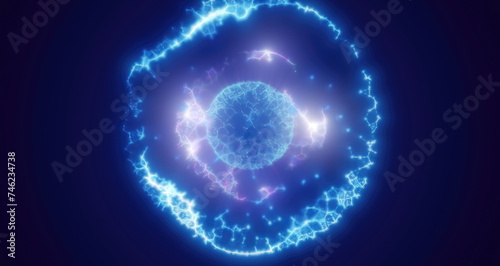 Blue energy magic circle, sphere, ball made of futuristic waves and lines of particles of atomic energy and electricity force field. Abstract background © Bolbik