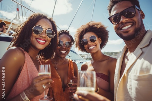 Friends toasting on a yacht, celebratory, sunny getaway