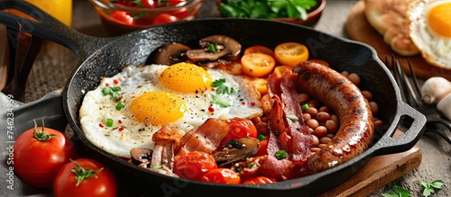 A skillet filled with a hearty Irish breakfast featuring eggs, bacon, beans, tomatoes, and mushrooms all expertly cooked in a cast iron pan. photo