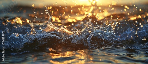 A close-up photo capturing the mesmerizing splashes of water reflecting the sunlight, creating a harmonious composition. photo