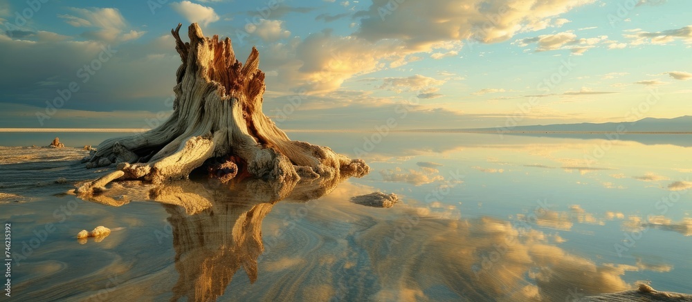 A large tree stump rests atop a sandy beach, offering a mesmerizing sight of natures unusual salt-laden creation by the coast of a serene salt lake. - obrazy, fototapety, plakaty 