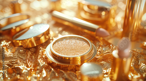 various gold-colored makeup accessories, with a space in the middle