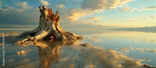 A large tree stump rests atop a sandy beach, offering a mesmerizing sight of natures unusual salt-laden creation by the coast of a serene salt lake.