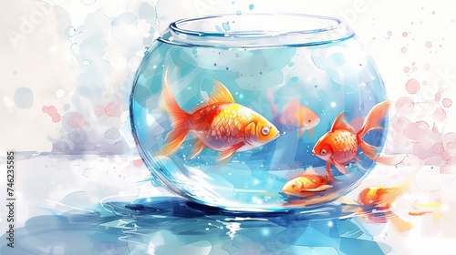 one cartoon round glass simple aquarium with fish and decor  watercolor 
