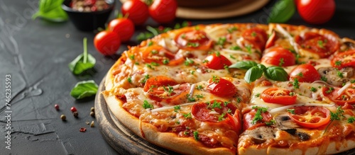 A detailed view of a pizza placed on a table, showcasing its toppings and crust.