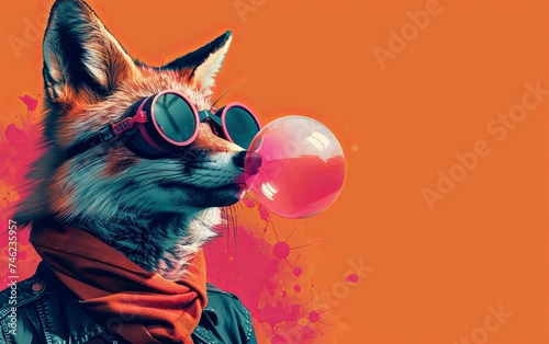 Fox blowing bubble gum wearing goggles fashion portrait on solid pastel background. Birthday party. presentation. advertisement. invitation. copy text space.