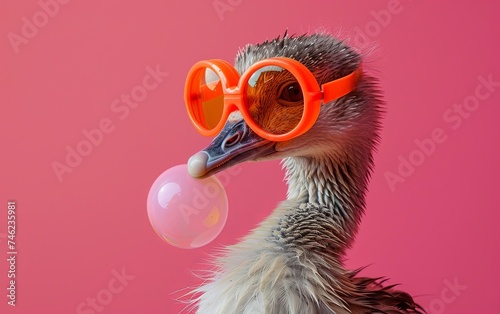 Goose Bird blowing bubble gum wearing goggles fashion portrait on solid pastel background. Birthday party. presentation. advertisement. invitation. copy text space. © CassiOpeiaZz