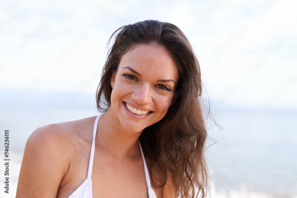 Beach, nature and portrait of woman for travel, vacation or adventure on tropical island. Happy, smile and young female person with positive and confident attitude by ocean on summer weekend trip. Beach, nature and portrait of woman for travel, vacation or adventure on tropical island. Happy, smile and young female person with positive and confident attitude by ocean on summer weekend trip.