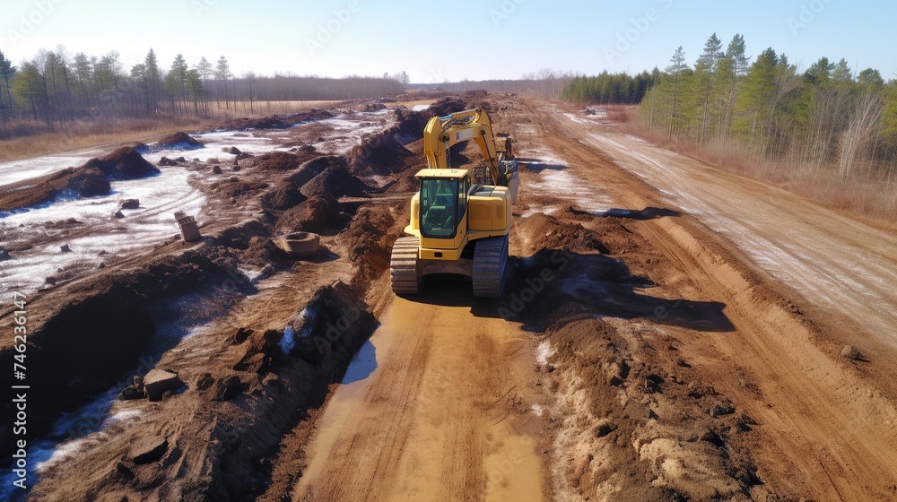 Workers are building a new road built with heavy equipment. Workers are building a new road built with heavy equipment.