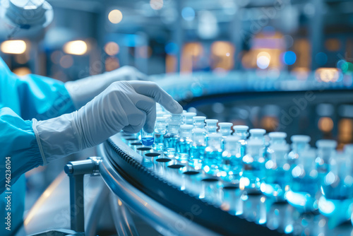 A scientist in protective gear carefully handles rows of blue liquid-filled vials in a pharmaceutical laboratory environment.