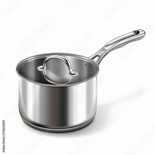 An isolated image of a shiny stainless steel saucepan with a lid, showcasing its sleek design and long handle.