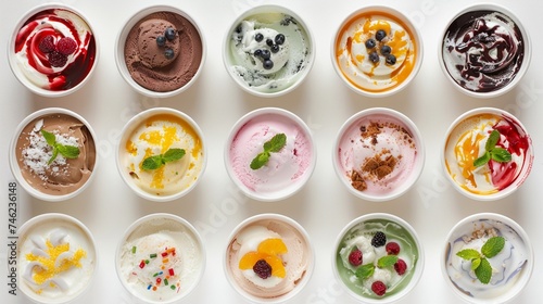 Top view of various ice cream in paper cups on white background.
