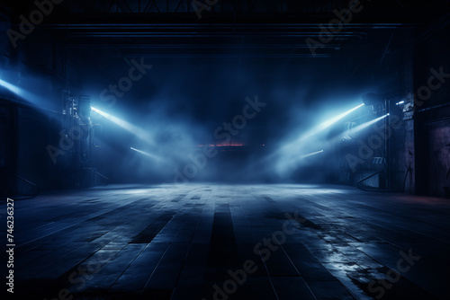 A dark empty street  dark blue background  an empty dark scene  neon light  spotlights The asphalt floor and studio room with smoke float up the interior texture. night 