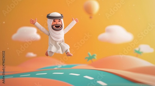 3D illustration of happy arabian man flying over a road in the desert. photo