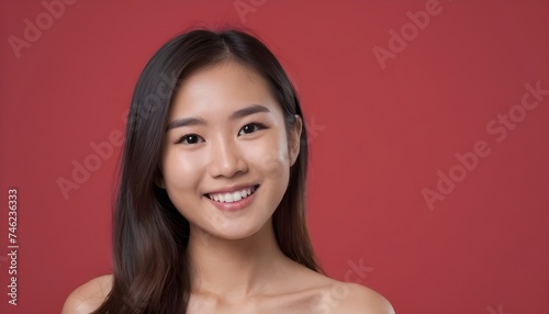  Portrait of a Cheerful Asian young woman, girl. close-up. smiling. clean background. Healthy skin. Studio. red background