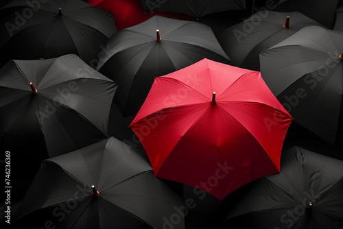 Red umbrella stand out from the crowd of many black and white umbrellas. Business, leader concept, being different concepts