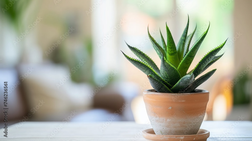 House plant decoration, Sansevieria trifasciata in pot on the table at home.