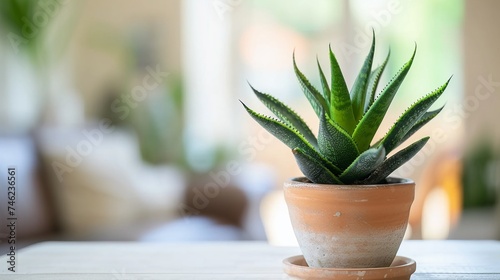 House plant decoration, Sansevieria trifasciata in pot on the table at home. photo