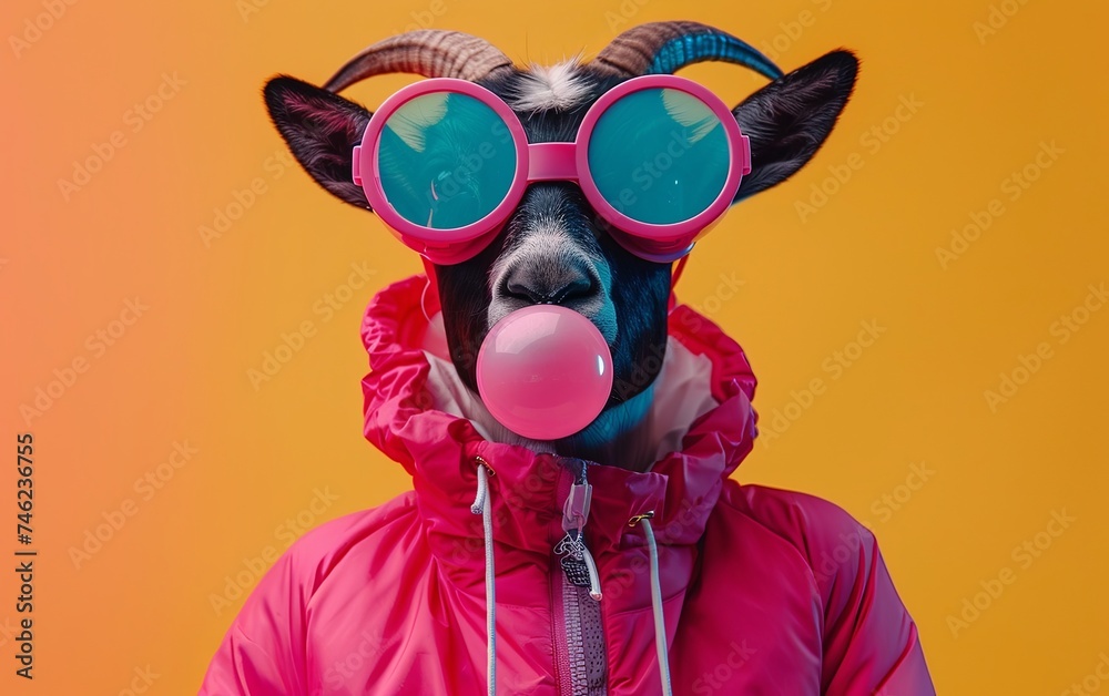 Ibex blowing bubble gum wearing goggles fashion portrait on solid pastel background. Birthday party. presentation. advertisement. invitation. copy text space.