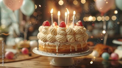 Delicious and beautiful birthday cake with burning candles, Celebrate anniversaries and special days.