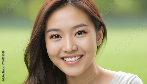 Portrait of a Cheerful Asian young woman, girl. close-up. smiling. outdoor, grass, park