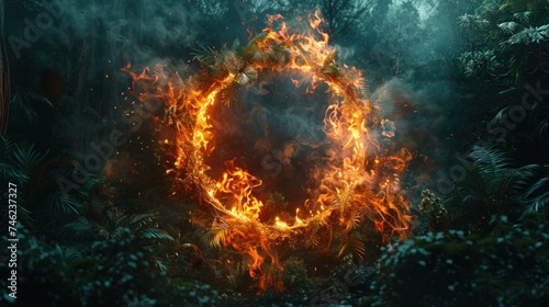 Circle frame from fire and forest background, Great wildfire burning the a large forest. © sawitreelyaon