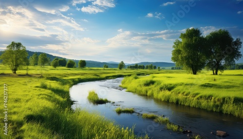 Idyllic meadow and river rural landscape