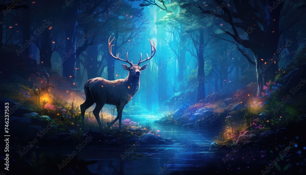 Magical deer in the fantasy forest at midnight - obrazy, fototapety, plakaty 
