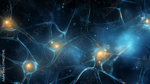 Conceptual illustration of neuron cells with glowing link knots. Blue green Neurons in brain on with focus effect. Synapse and Neuron cells sending electrical chemical signals