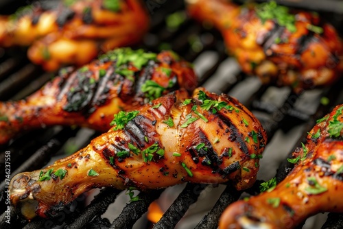 Roasted seasoned juicy chicken drumsticks over flame on a barbecue grill. AI Generated 