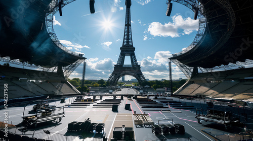 Eiffel Tower Overlooking an Empty Stadium Set for a Major Event, Under the Clear Paris Sky.