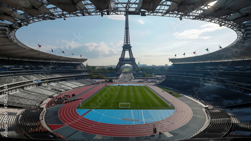 A serene day overlooks a stadium ready for track and field events, with the Eiffel Tower standing as a silent sentinel in the heart of Paris.