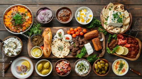 Selection of traditional greek food on wooden background