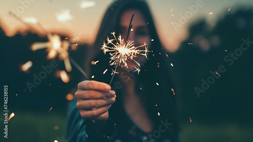 Woman holding fireworks in celebration day with bokeh background.