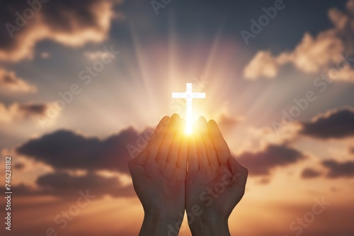 Human hands worship hope with  Cross in sky