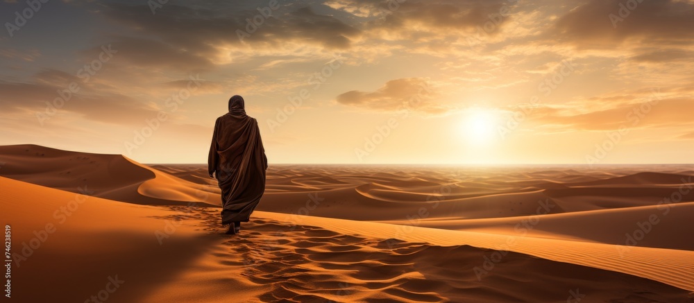 Silhouette view of muslim man or arab man walking on desert sand Stock ...