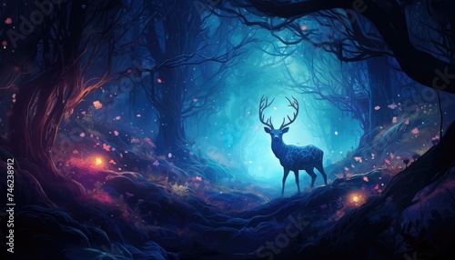 Magical deer in the fantasy forest at midnight