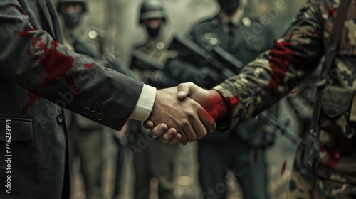 Businessman and military man shake hands. Blood, war and soldiers at the background. Bloody politics concept. AI Generated 