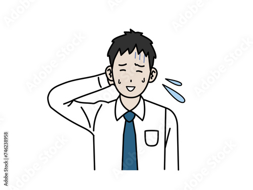 動揺して苦笑いする若い会社員の男性のイラスト