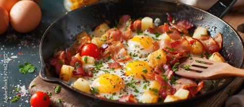 A frying pan filled with sizzling eggs, crispy bacon, and diced potatoes cooking over a stovetop.
