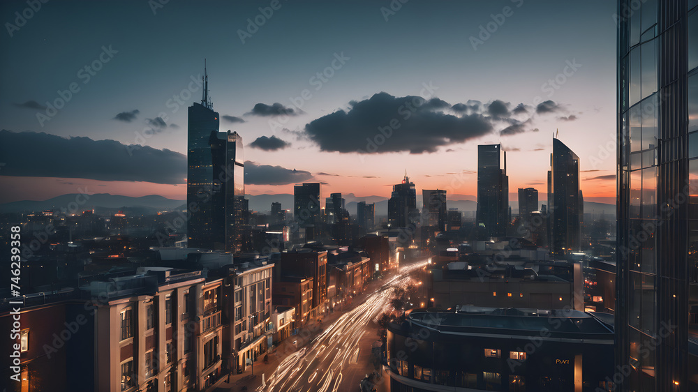 City skyline at night with illuminated buildings, fading sunlight, and a bustling urban atmosphere, showcasing the architecture and vibrancy of Manhattan, New York - obrazy, fototapety, plakaty 